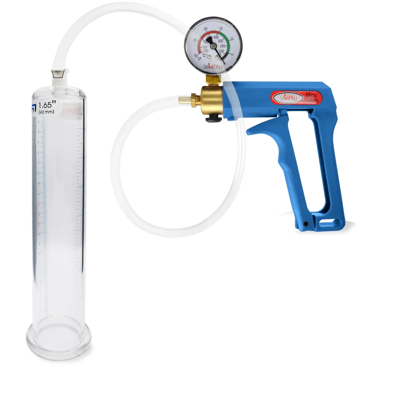 LeLuv Maxi Blue Penis Pump Clear Hose | Gauge/Protected Gauge | Round Flange Cylinder