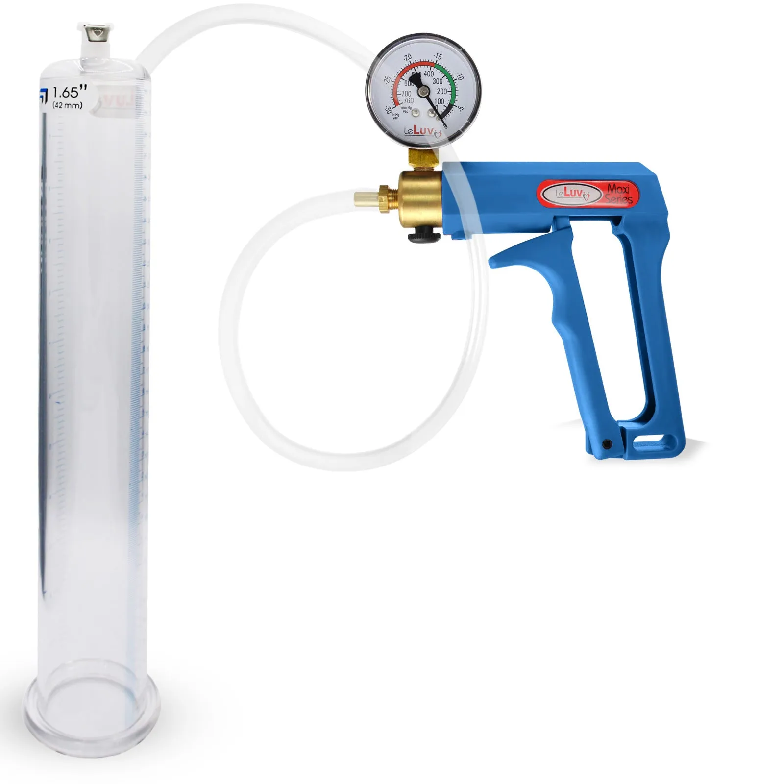 LeLuv Maxi Blue Penis Pump Clear Hose | Gauge/Protected Gauge | Round Flange Cylinder