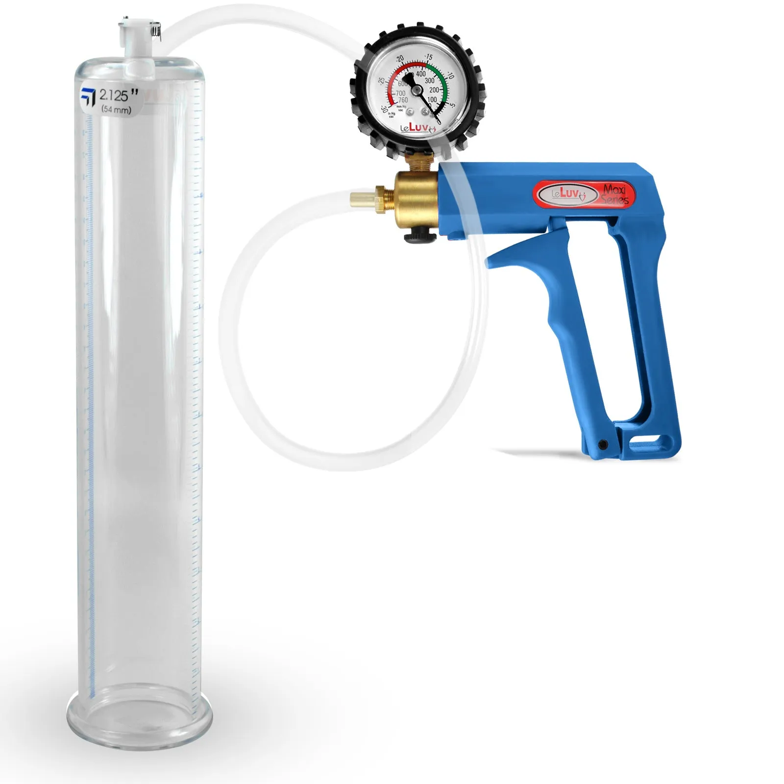 LeLuv Maxi Blue Penis Pump Clear Hose | Gauge/Protected Gauge | Round Flange Cylinder