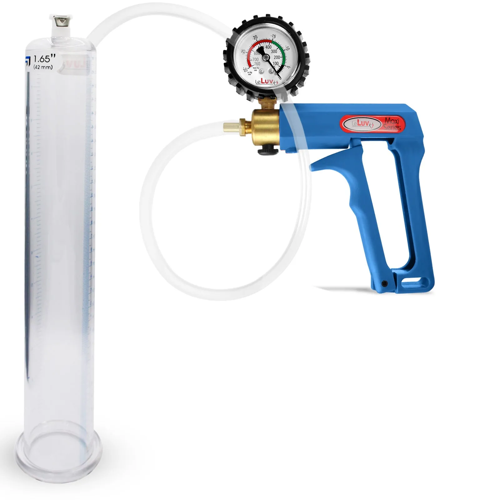LeLuv Maxi Blue Penis Pump Clear Hose | Gauge/Protected Gauge | Round Flange Cylinder
