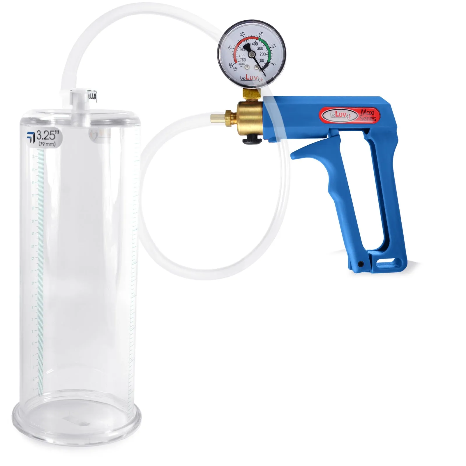 LeLuv Maxi Blue Penis Pump Clear Hose | Gauge/Protected Gauge | Round Flange Cylinder