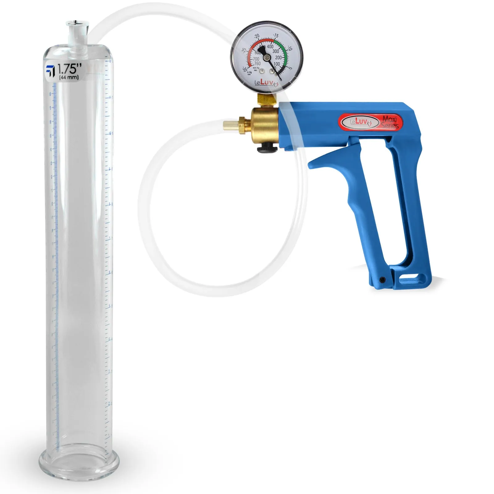 LeLuv Maxi Blue Penis Pump Clear Hose | Gauge/Protected Gauge | Round Flange Cylinder