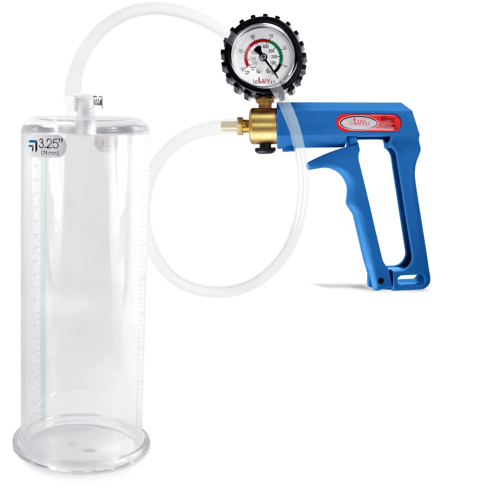 LeLuv Maxi Blue Penis Pump Clear Hose | Gauge/Protected Gauge | Round Flange Cylinder