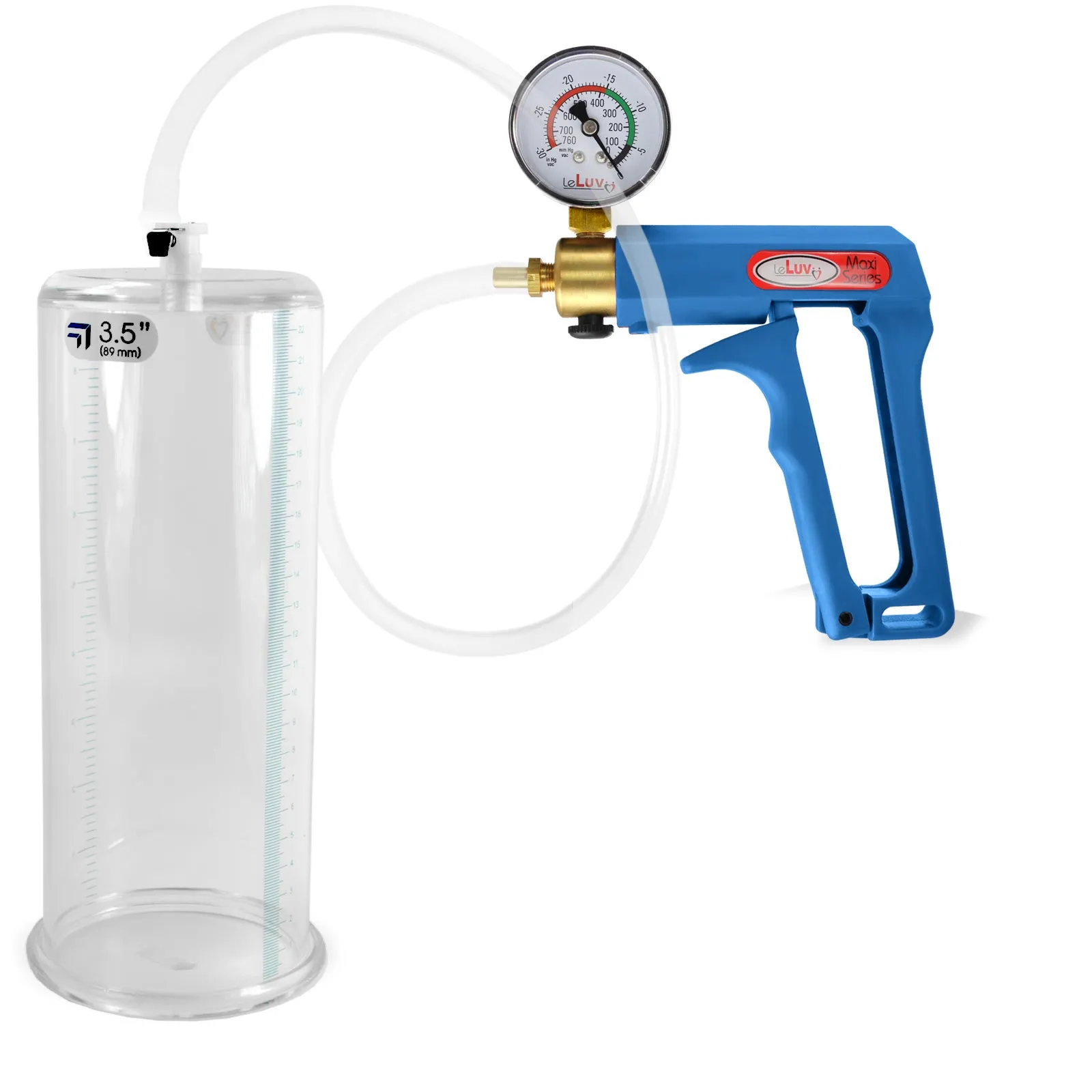 LeLuv Maxi Blue Penis Pump Clear Hose | Gauge/Protected Gauge | Round Flange Cylinder