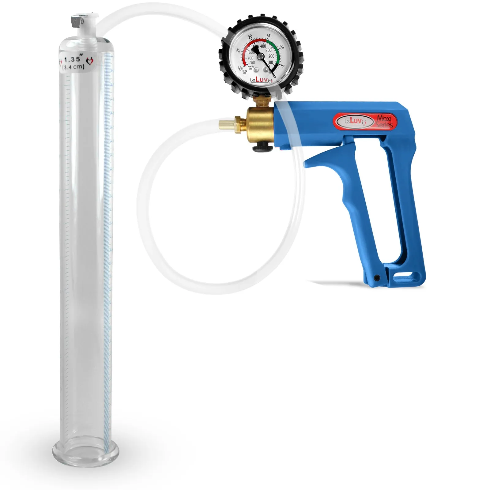 LeLuv Maxi Blue Penis Pump Clear Hose | Gauge/Protected Gauge | Round Flange Cylinder