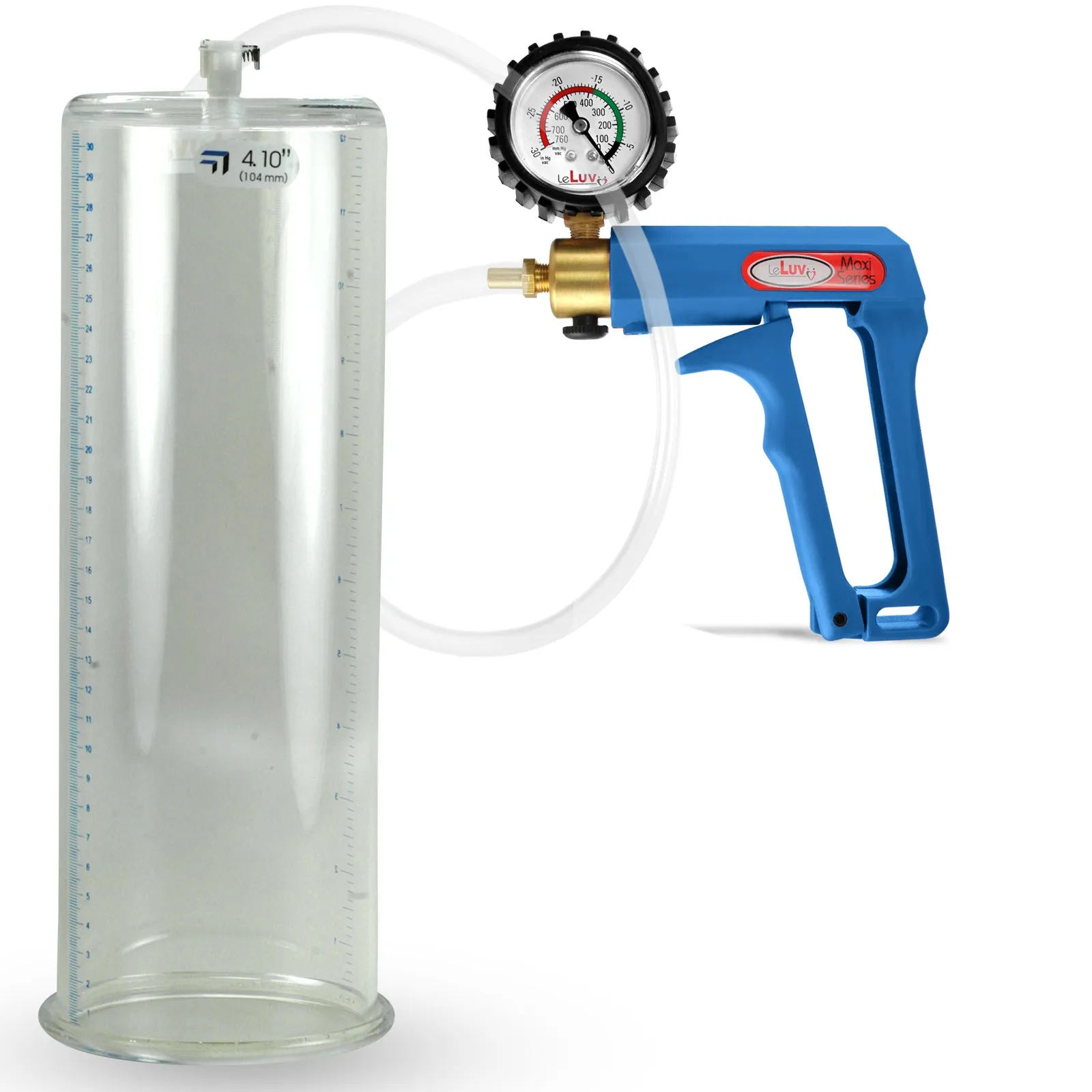 LeLuv Maxi Blue Penis Pump Clear Hose | Gauge/Protected Gauge | Round Flange Cylinder