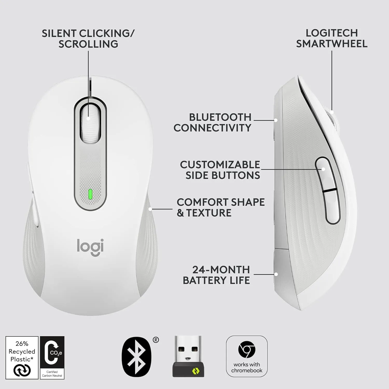 Logitech Signature M650 Wireless Mouse - For Small to Medium Sized Hands, 2-Year Battery, Silent Clicks, Customisable Side Buttons, Bluetooth, for PC/Mac/Multi-Device/Chromebook - Offwhite