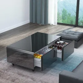Modern Smart Coffee Table with Built-in Fridge, Bluetooth Speaker, Wireless Charging Module, Touch Control Panel, Power Socket, USB Interface, Outlet Protection, Atmosphere light, and More
