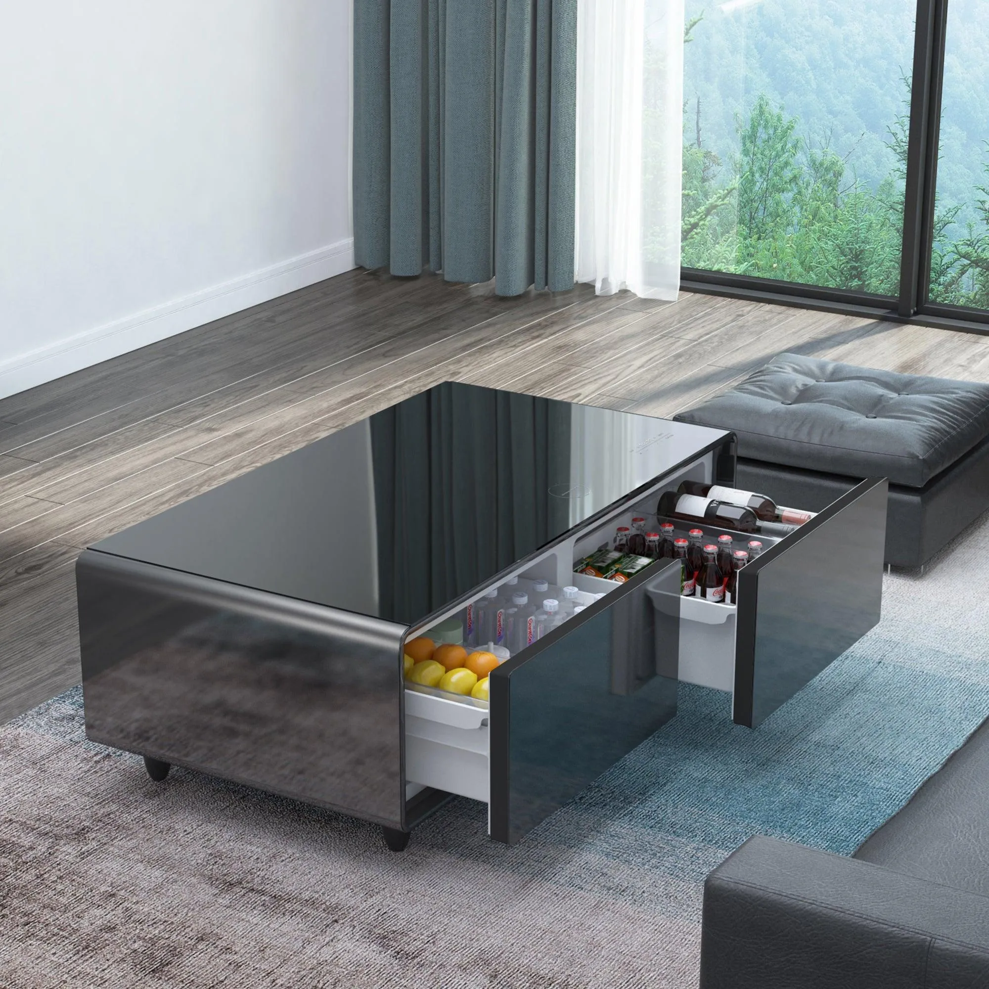 Modern Smart Coffee Table with Built-in Fridge, Bluetooth Speaker, Wireless Charging Module, Touch Control Panel, Power Socket, USB Interface, Outlet Protection, Atmosphere light, and More