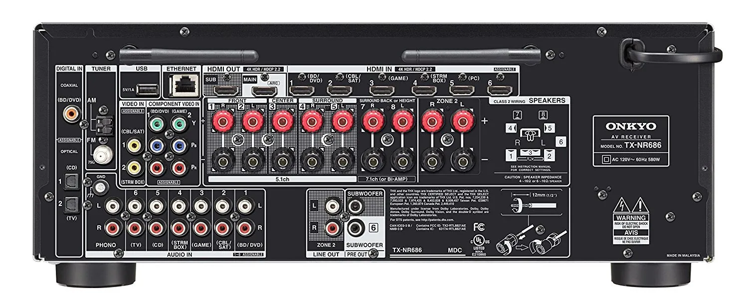 Onkyo TX-NR686 7.2 Channel THX® Certified Select™ A/V Receiver 4K Ultra HD Bluetooth WiFi Atmos 1470W (Certified Refurbished)