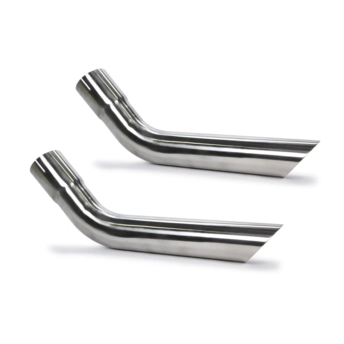 Pypes Hockey Stick Tips Long Slip-On Exhaust Tip - 2-1/2 in Inlet Pipe Diameter - 2-1/2 in Round Outlet - 20 in Long - Single Wall - Cut Edge - Angled Cut - Polished - Pair