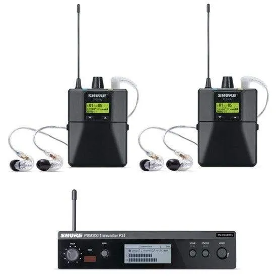 Shure PSM300 Twin Wireless IEM System; includes 2x P3RA Bodypacks & 2x SE215-CL (L19 - 630-654 MHz)