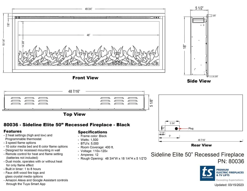 Sideline Elite 50 Inch Recessed Smart Electric Fireplace 80036
