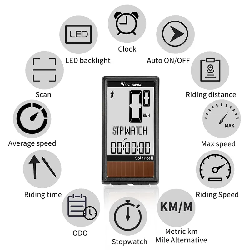 Solar Cell 5 Languages Wireless Bike Computer Auto ON/OFF Cycling Speedometer Odometer Waterproof Backlight Bicycle Stopwatch