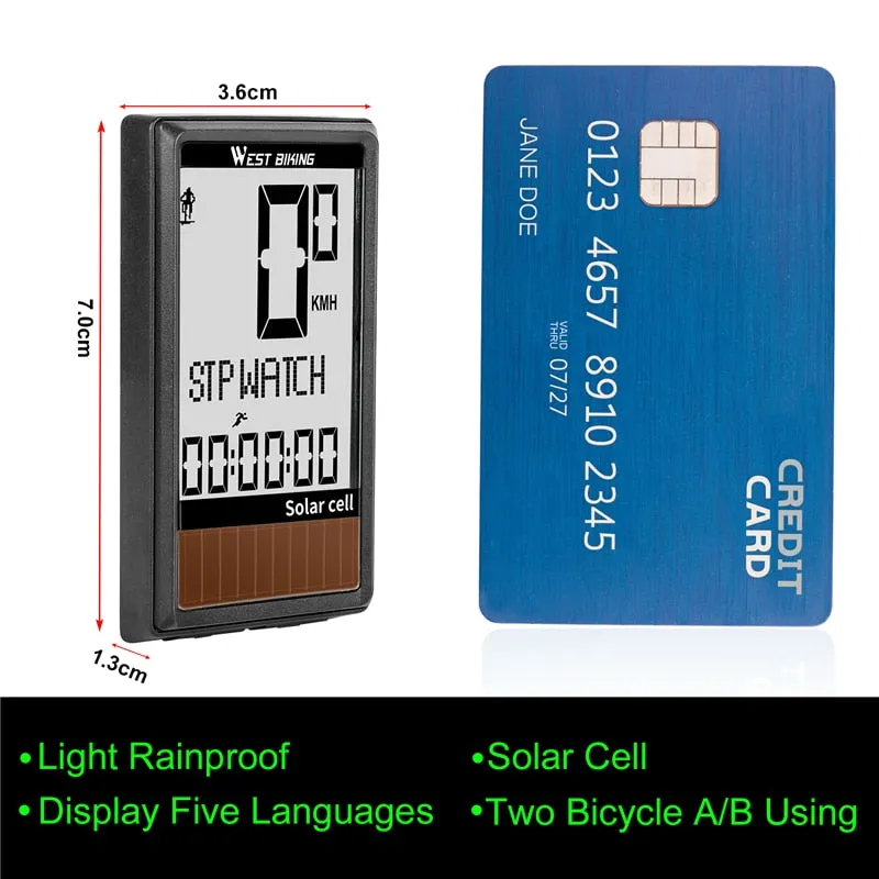Solar Cell 5 Languages Wireless Bike Computer Auto ON/OFF Cycling Speedometer Odometer Waterproof Backlight Bicycle Stopwatch