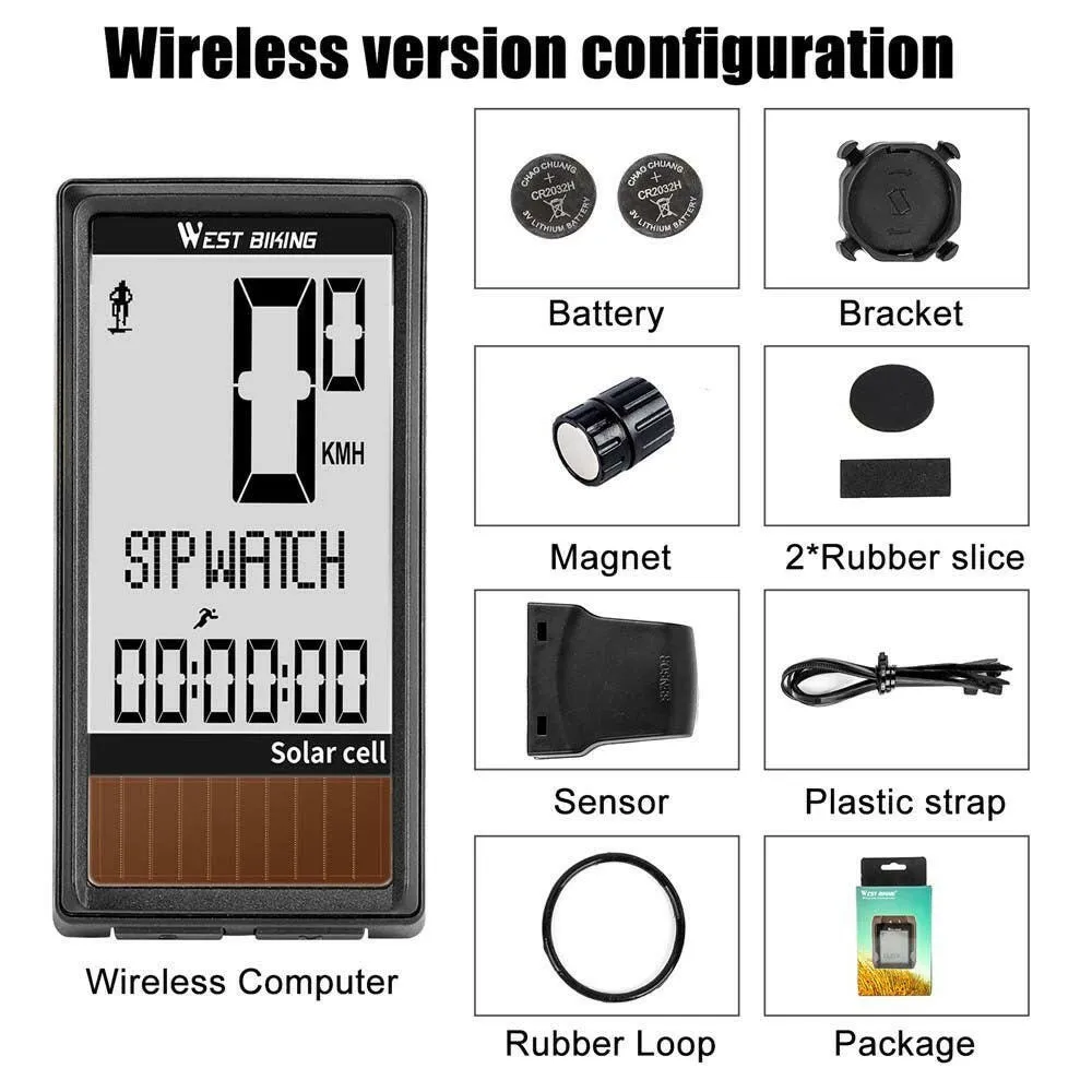 Solar Cell 5 Languages Wireless Bike Computer Auto ON/OFF Cycling Speedometer Odometer Waterproof Backlight Bicycles Stopwatch