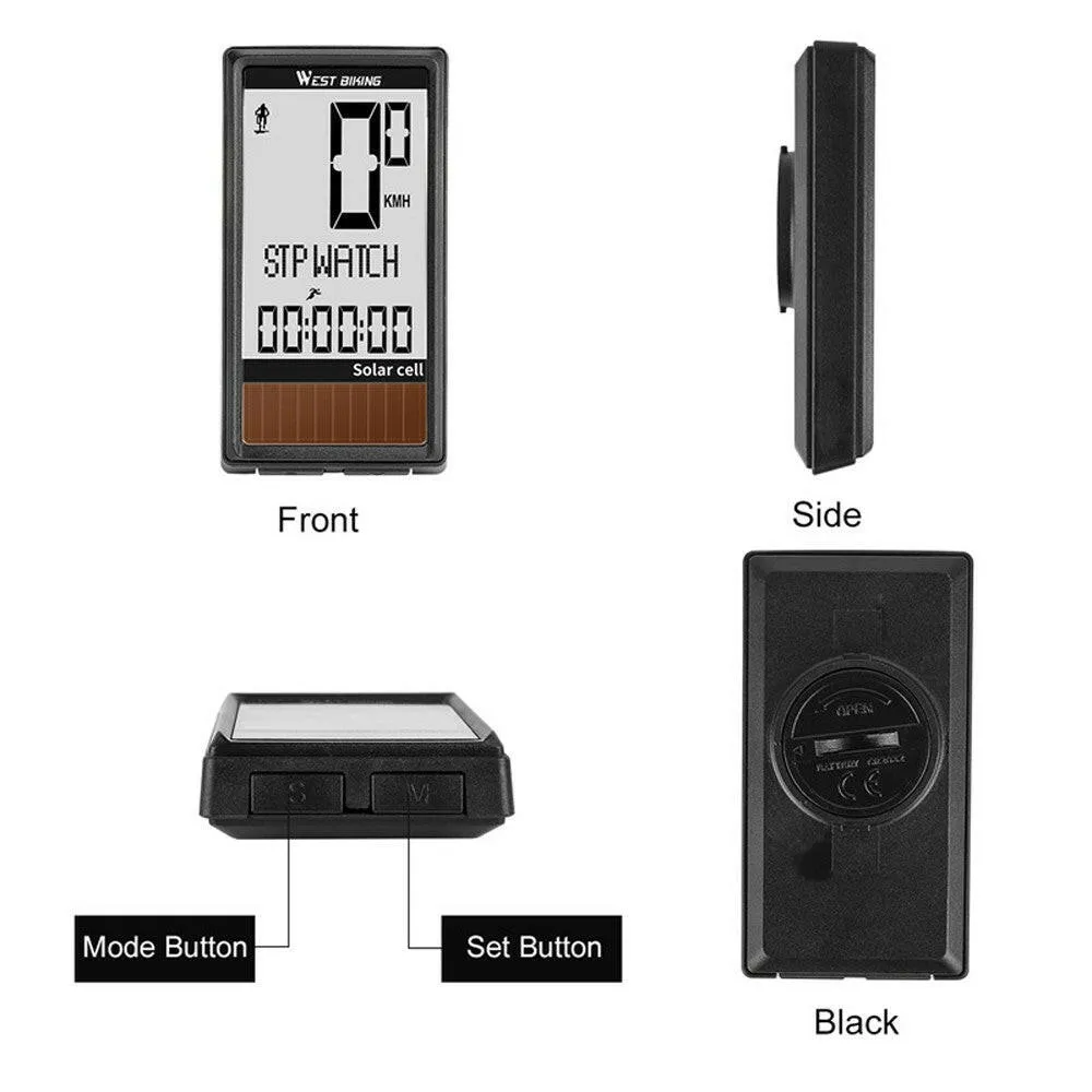 Solar Cell 5 Languages Wireless Bike Computer Auto ON/OFF Cycling Speedometer Odometer Waterproof Backlight Bicycles Stopwatch