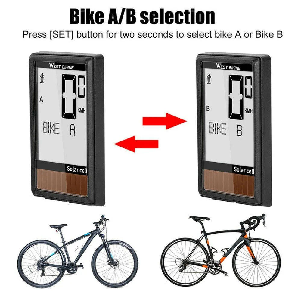Solar Cell 5 Languages Wireless Bike Computer Auto ON/OFF Cycling Speedometer Odometer Waterproof Backlight Bicycles Stopwatch