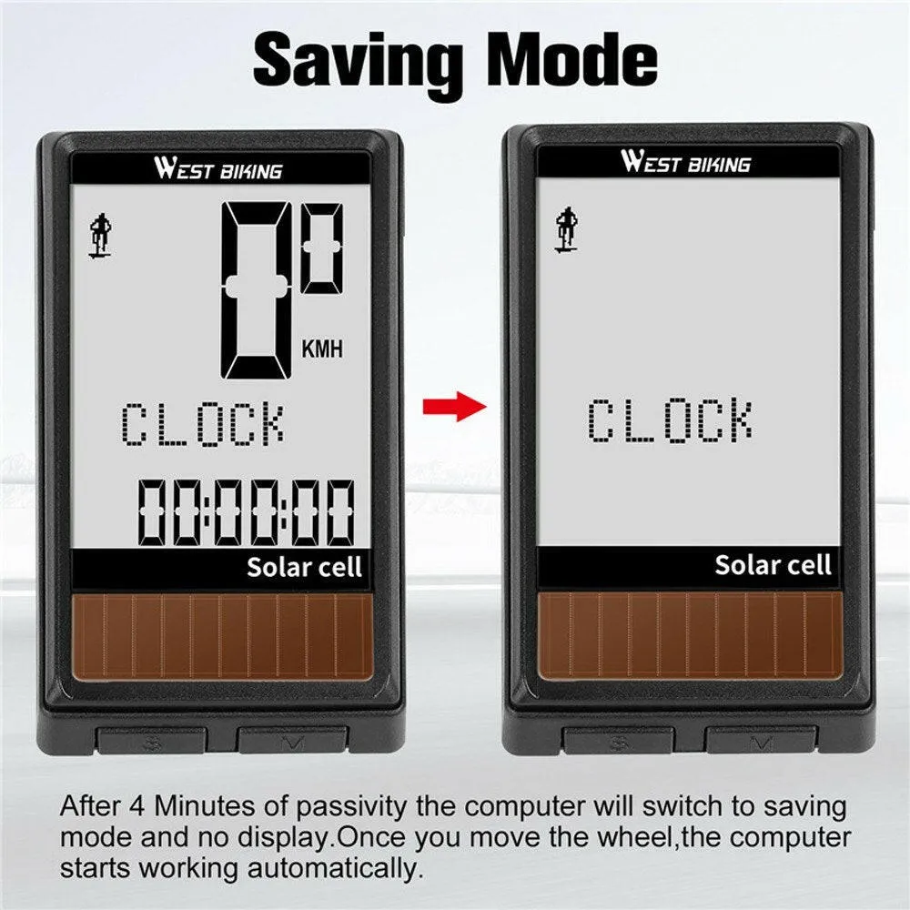 Solar Cell 5 Languages Wireless Bike Computer Auto ON/OFF Cycling Speedometer Odometer Waterproof Backlight Bicycles Stopwatch