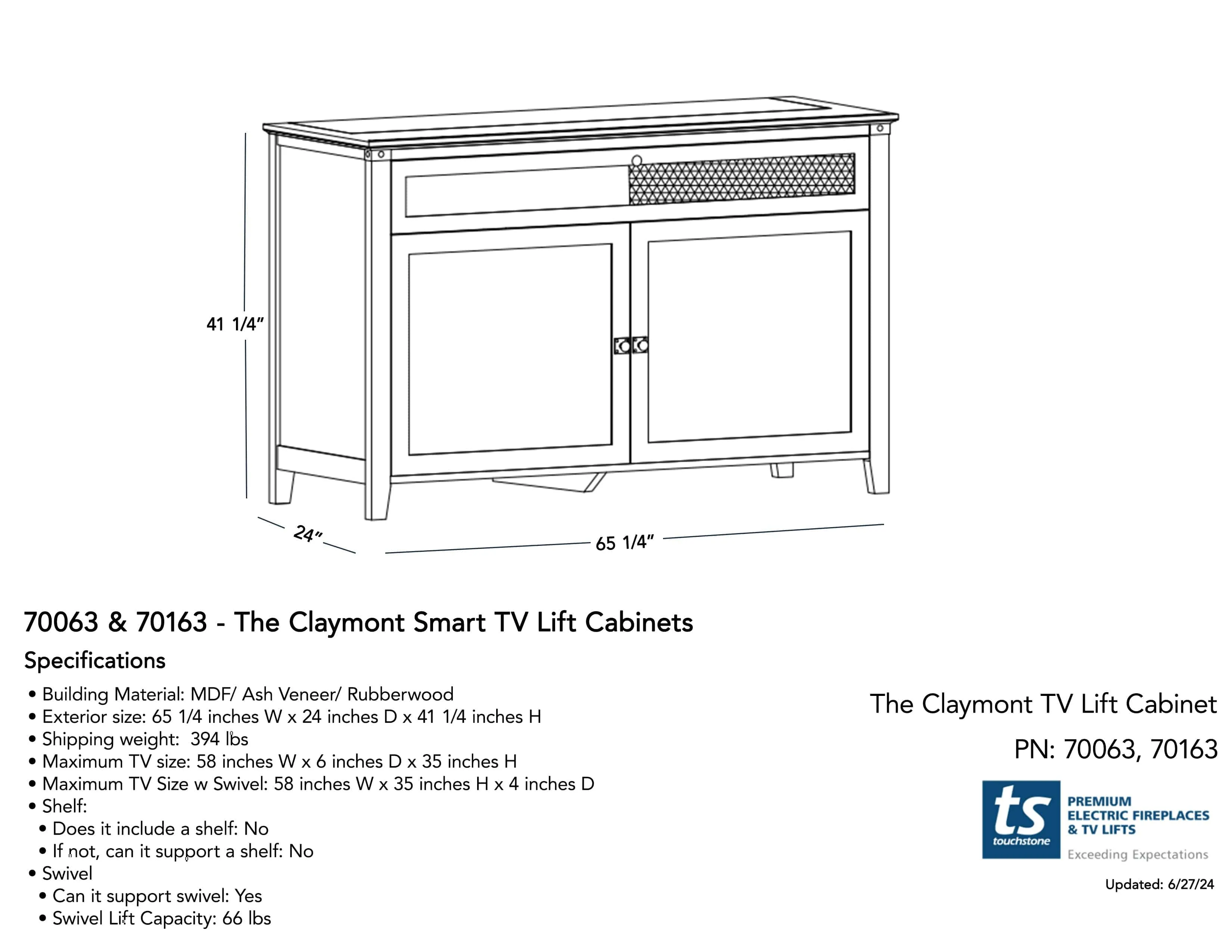 The Claymont 70063 Smart TV Lift Cabinet for 65 Inch Flat screen TVs