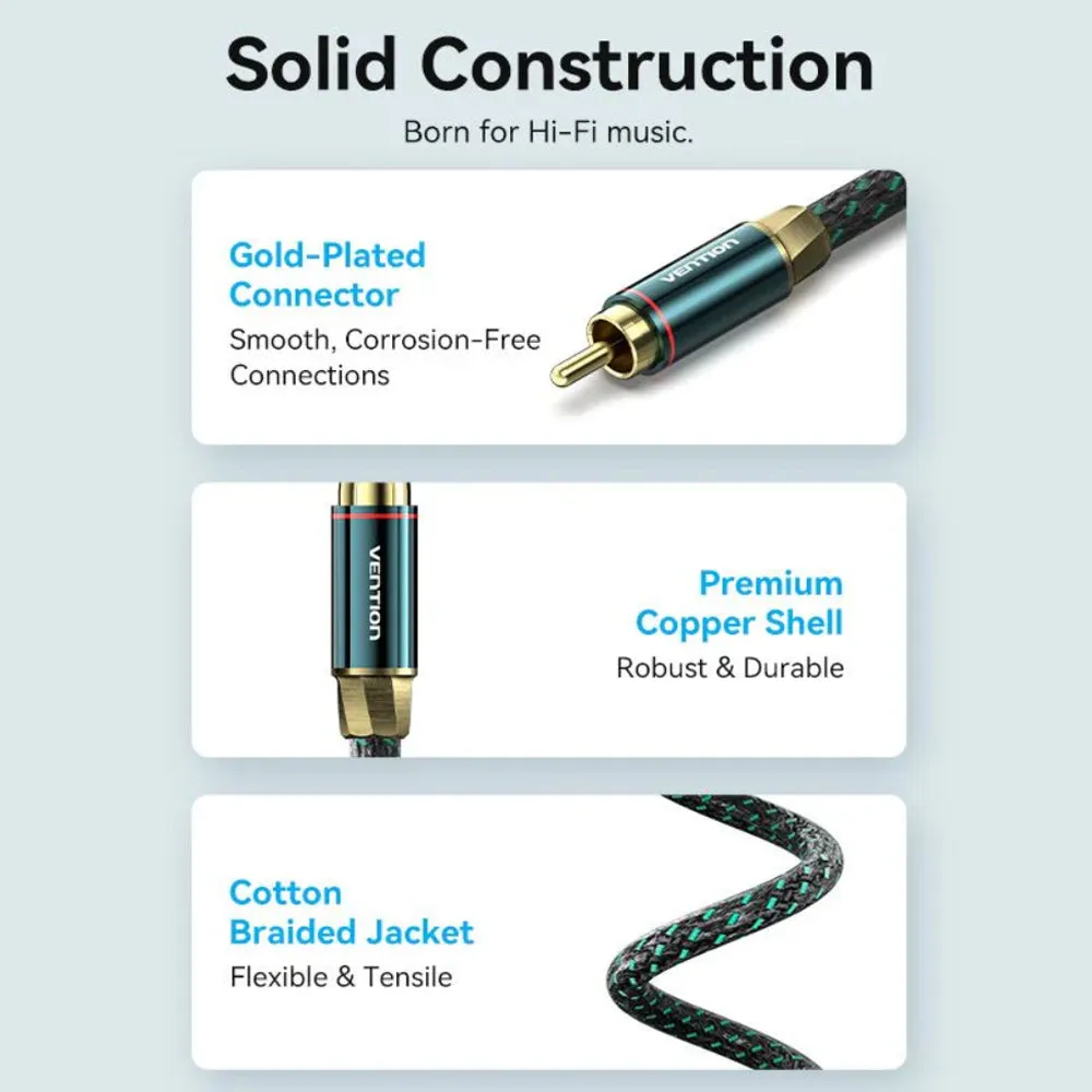 Vention RCA Cotton Braided Coaxial Cable (Hi-Fi) with Male to Male Gold Plated Plug Connectors and Dual Internal Shielding for Audio Visual Equipment and Sound Systems Smart TV CD / DVD Players Amplifiers Speakers and more
