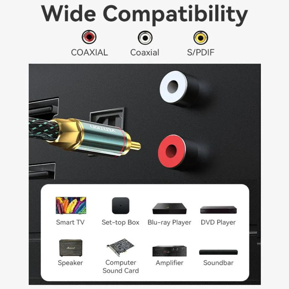 Vention RCA Cotton Braided Coaxial Cable (Hi-Fi) with Male to Male Gold Plated Plug Connectors and Dual Internal Shielding for Audio Visual Equipment and Sound Systems Smart TV CD / DVD Players Amplifiers Speakers and more