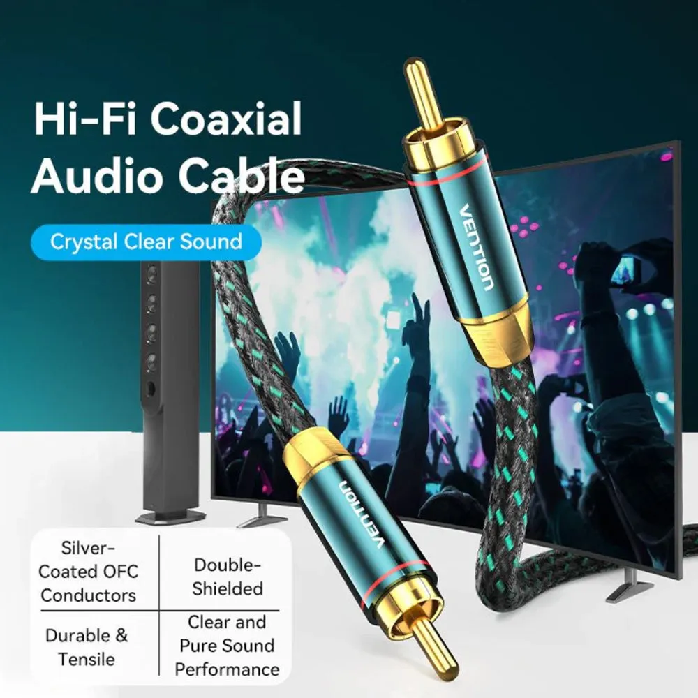 Vention RCA Cotton Braided Coaxial Cable (Hi-Fi) with Male to Male Gold Plated Plug Connectors and Dual Internal Shielding for Audio Visual Equipment and Sound Systems Smart TV CD / DVD Players Amplifiers Speakers and more