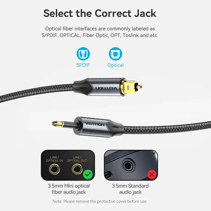 Vention Toslink 3.5mm Male to Mini Toslink Male Fiber Optic Hifi Braided Audio Cable with Gold Plated Plugs and DOLBY, DTS, PCM, 5.1 Surround Sound Support