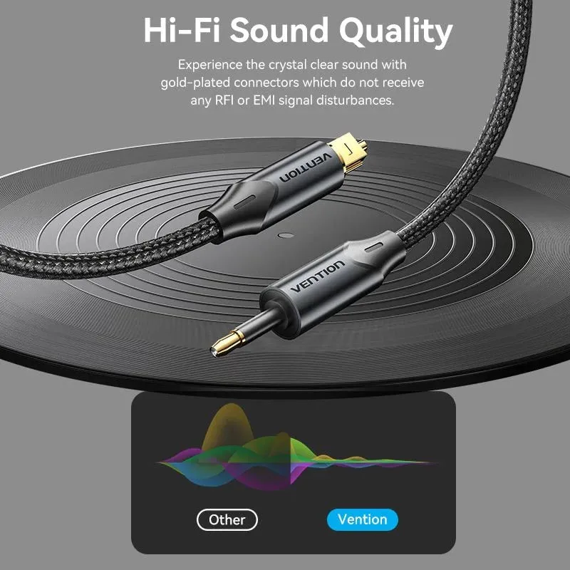 Vention Toslink 3.5mm Male to Mini Toslink Male Fiber Optic Hifi Braided Audio Cable with Gold Plated Plugs and DOLBY, DTS, PCM, 5.1 Surround Sound Support