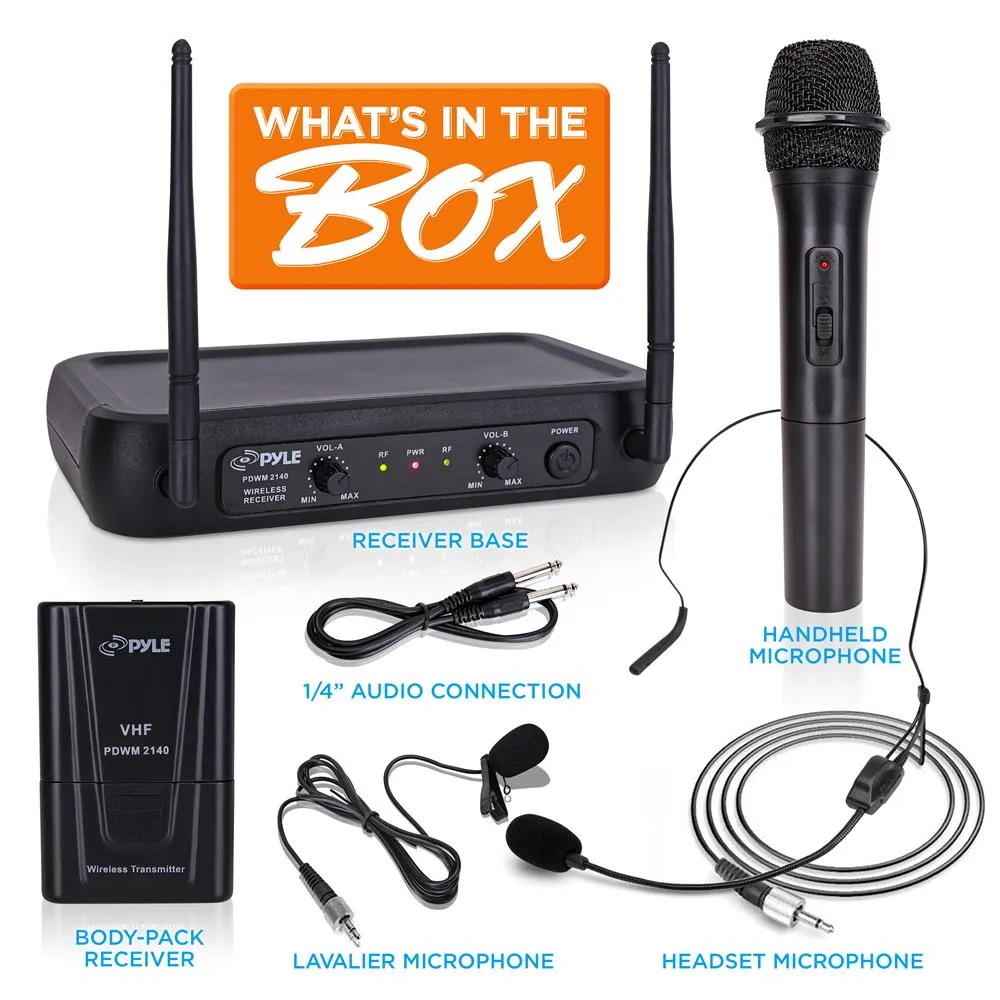 Vhf Wireless Microphone System, Fixed Frequency, Independent Adjustable Volume Controls (Includes Handheld Mic, Body Pack Transmitter, Lavalier Mic, Headset Mic)