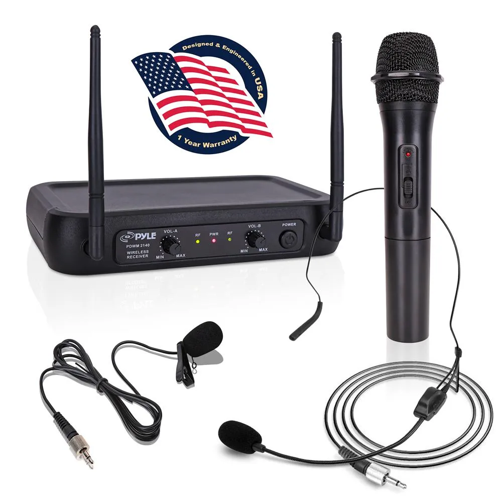 Vhf Wireless Microphone System, Fixed Frequency, Independent Adjustable Volume Controls (Includes Handheld Mic, Body Pack Transmitter, Lavalier Mic, Headset Mic)