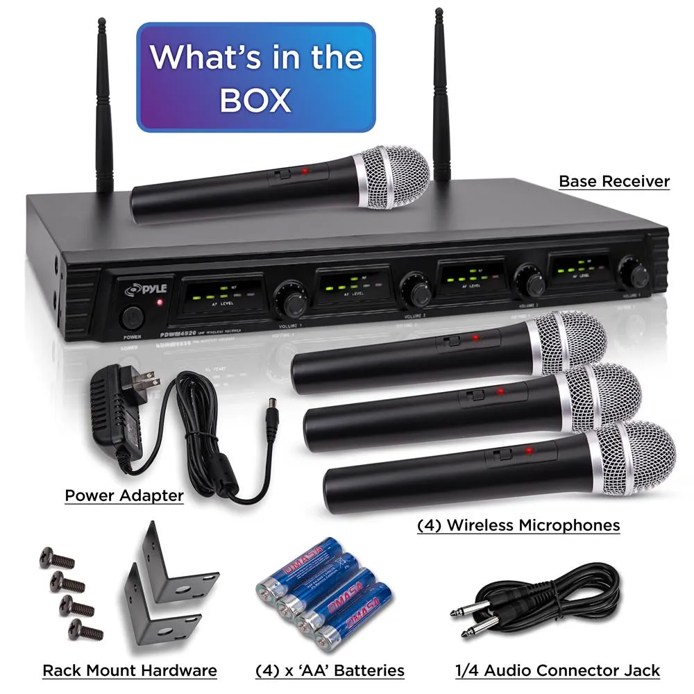 Wireless Microphone System, Uhf Quad Channel Fixed Frequency, Rack Mountable, Includes (4) Handheld Microphones