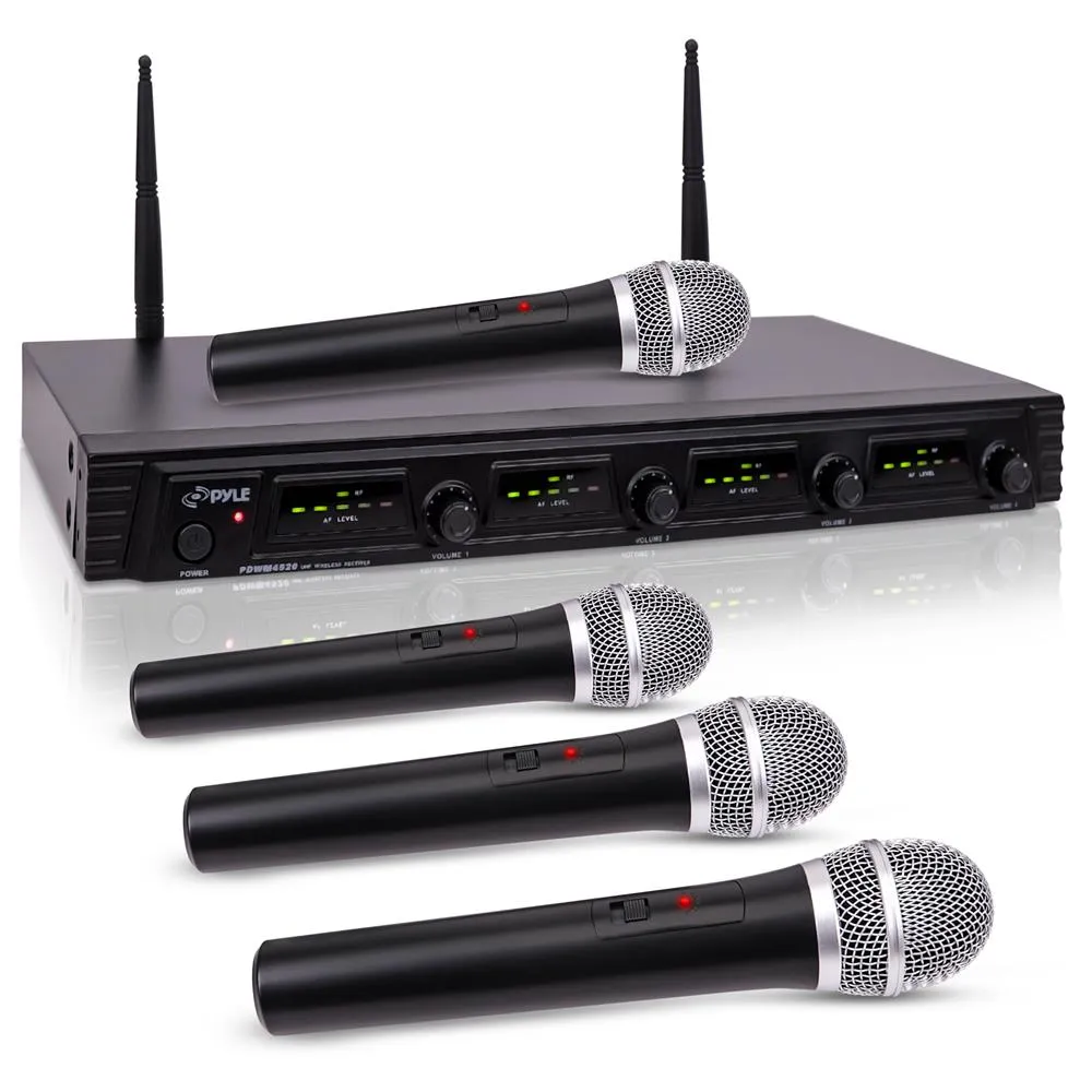 Wireless Microphone System, Uhf Quad Channel Fixed Frequency, Rack Mountable, Includes (4) Handheld Microphones