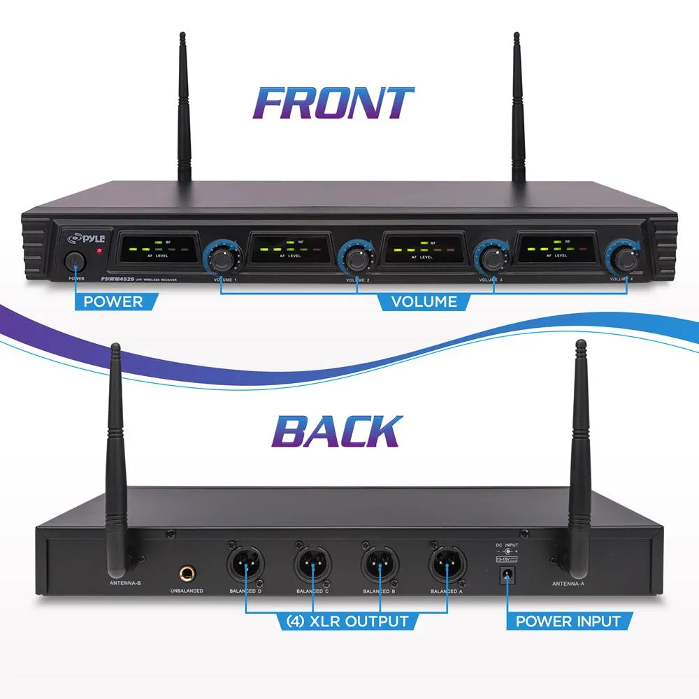 Wireless Microphone System, Uhf Quad Channel Fixed Frequency, Rack Mountable, Includes (4) Handheld Microphones