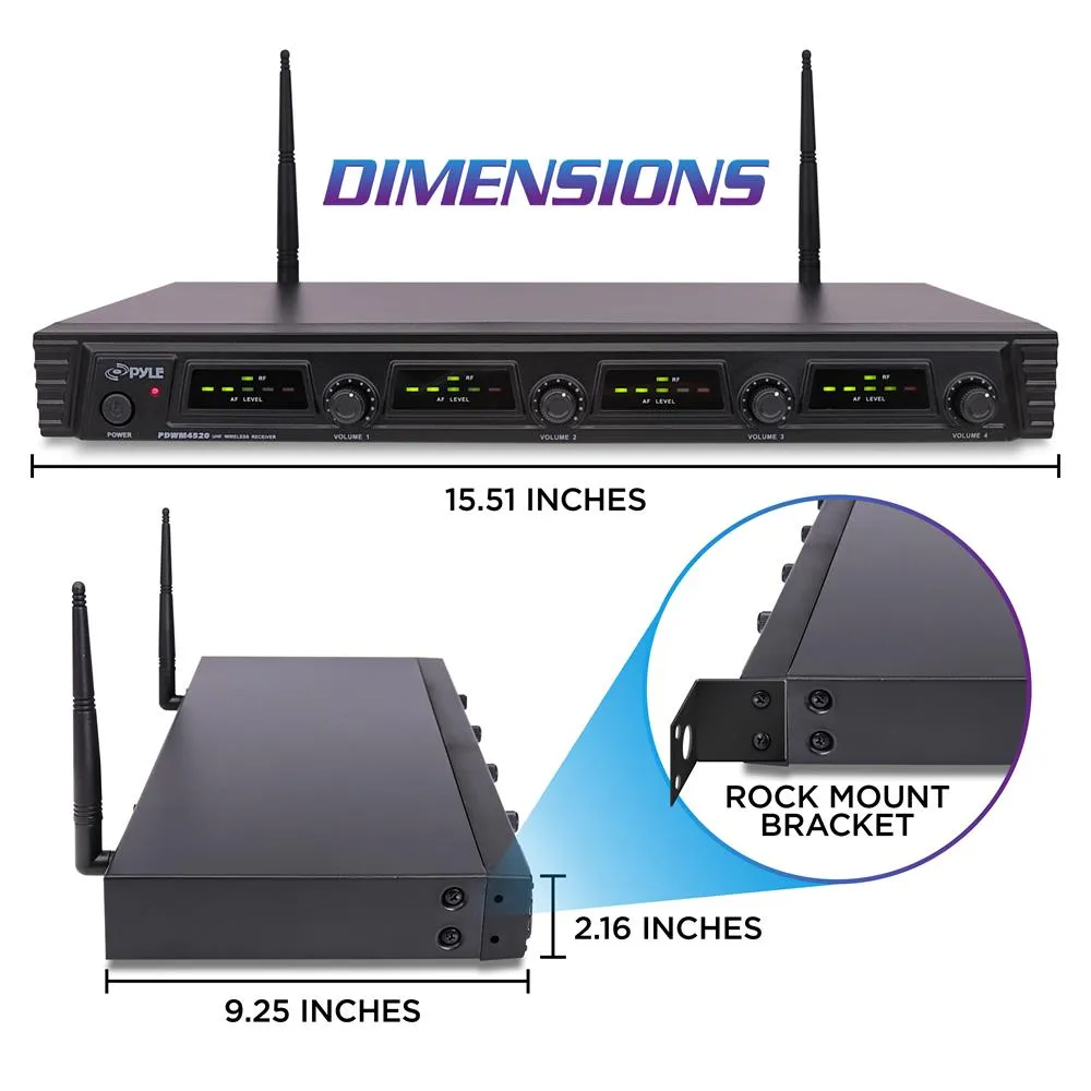 Wireless Microphone System, Uhf Quad Channel Fixed Frequency, Rack Mountable, Includes (4) Handheld Microphones