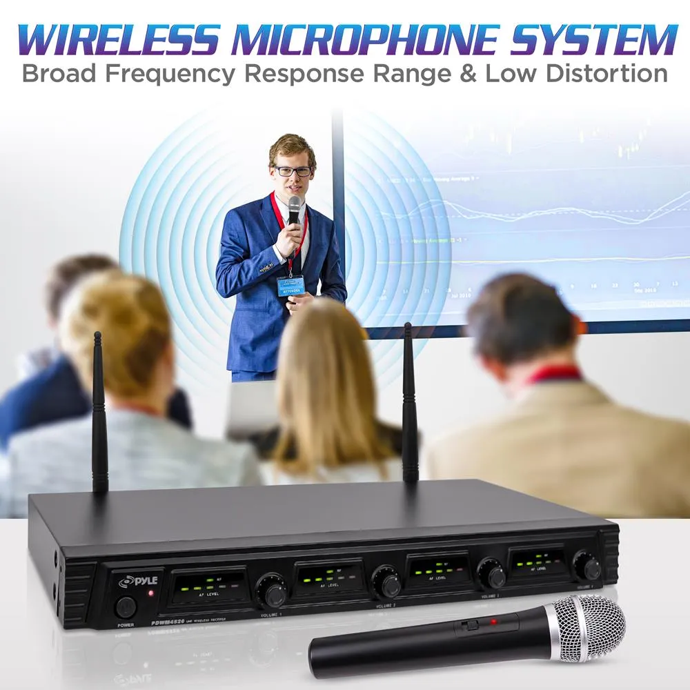 Wireless Microphone System, Uhf Quad Channel Fixed Frequency, Rack Mountable, Includes (4) Handheld Microphones