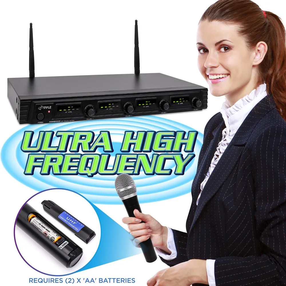 Wireless Microphone System, Uhf Quad Channel Fixed Frequency, Rack Mountable, Includes (4) Handheld Microphones