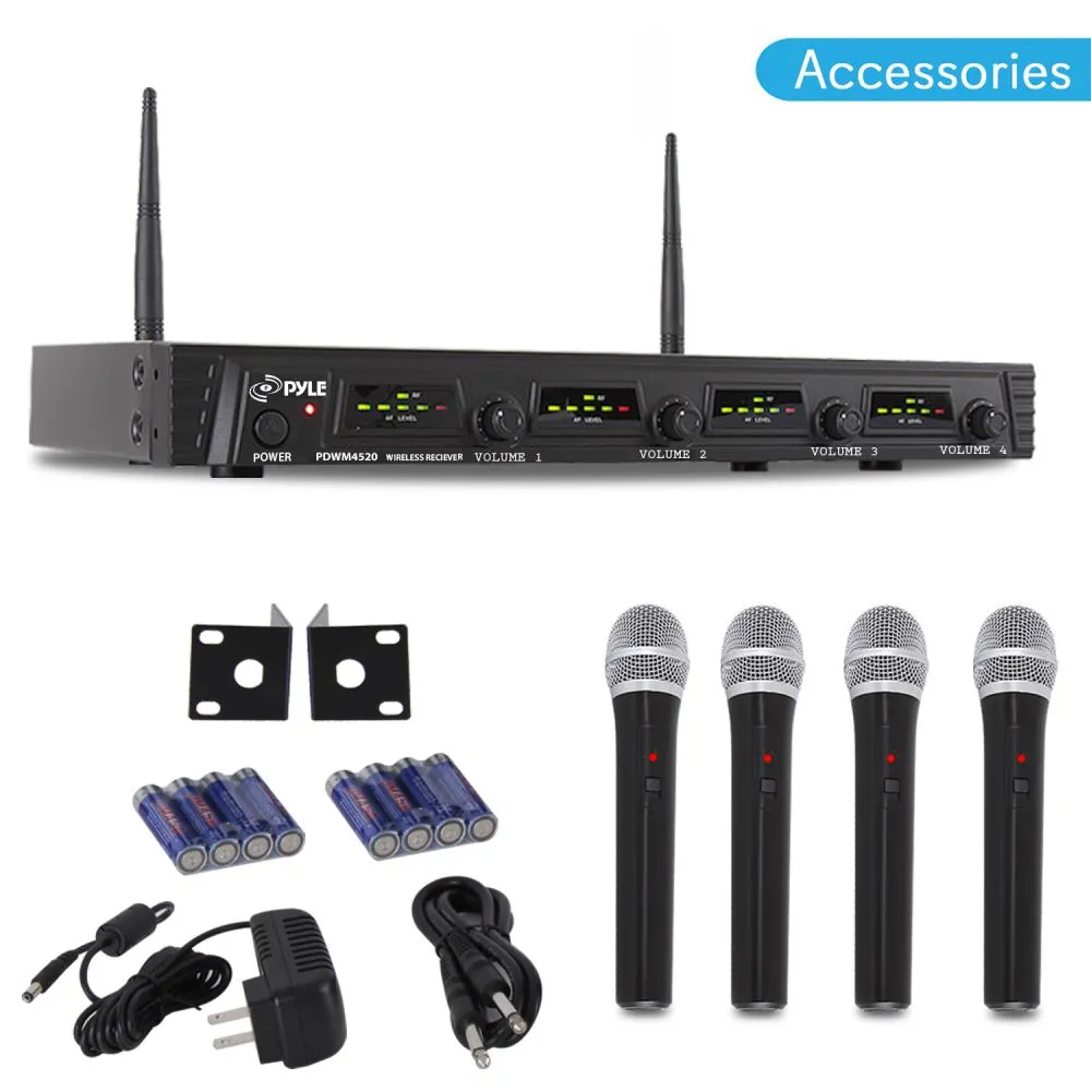 Wireless Microphone System, Uhf Quad Channel Fixed Frequency, Rack Mountable, Includes (4) Handheld Microphones